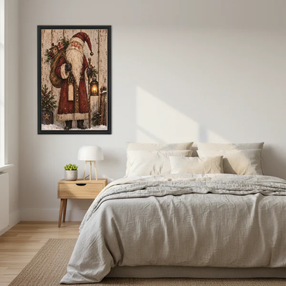 Vintage Santa Canvas Wall Art framed above a cream bed with wooden nightstands.