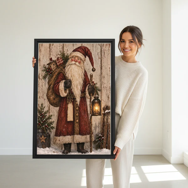 Vintage Santa Canvas Wall Art held in a black frame by a standing woman in white.