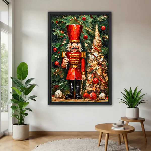 Christmas Nutcracker Canvas Wall Art framed above a wood table with green plants.