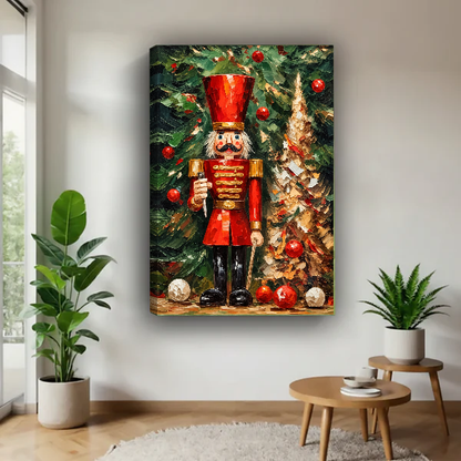 Christmas Nutcracker Canvas Wall Art unframed above a wood table with green plants.