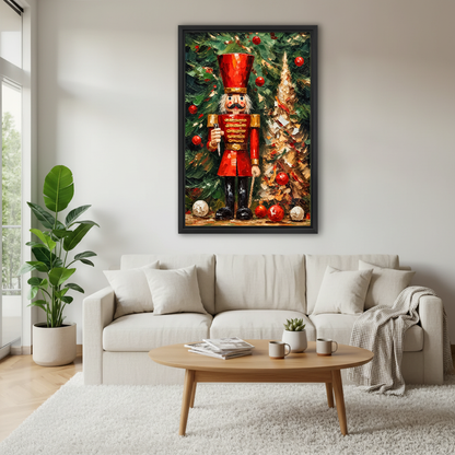 Christmas Nutcracker Canvas Wall Art framed above a white sofa and round coffee table.