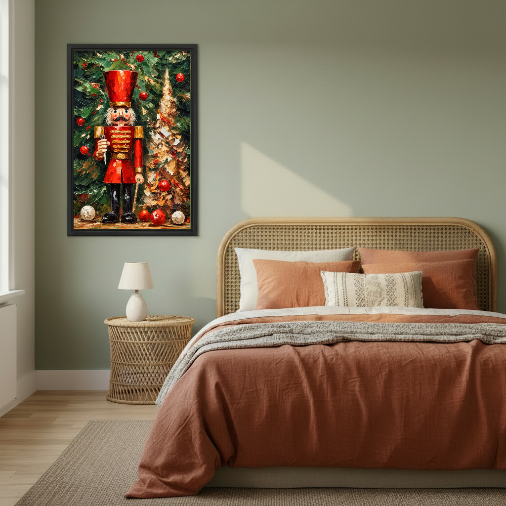 Christmas Nutcracker Canvas Wall Art framed above copper bedding against a muted olive wall.