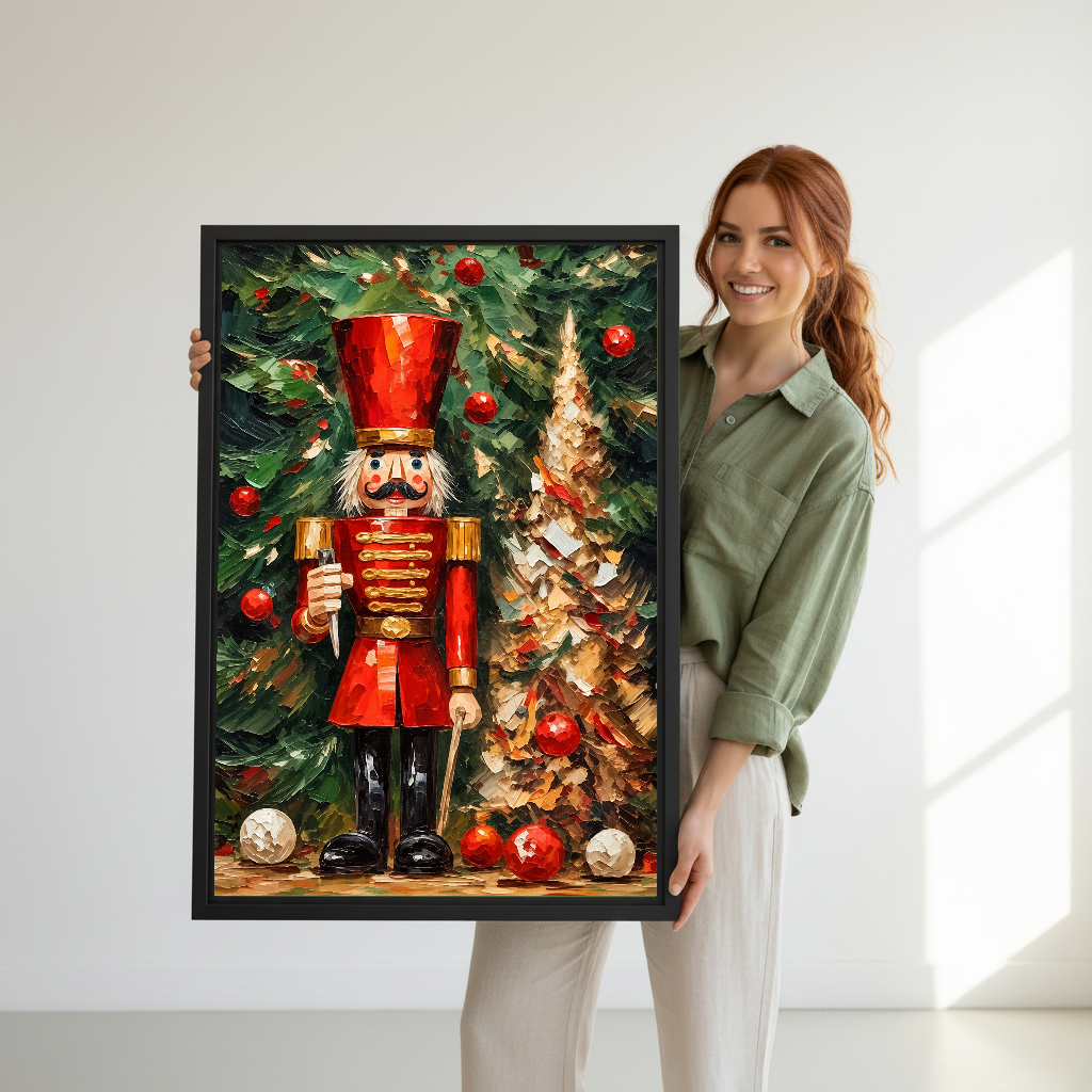 Christmas Nutcracker Canvas Wall Art held in a black frame by a woman wearing green.