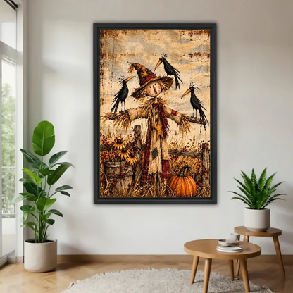Harvest Scarecrow Canvas Wall Art framed above a wood table with green plants.