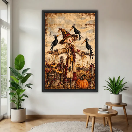 Harvest Scarecrow Canvas Wall Art framed above a wood table with green plants.