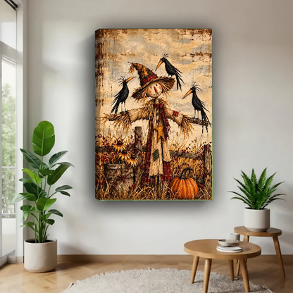 Harvest Scarecrow Canvas Wall Art unframed above a wood table with green plants.