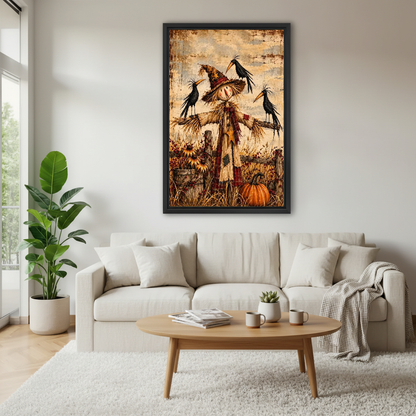 Harvest Scarecrow Canvas Wall Art framed above a white sofa and round coffee table.