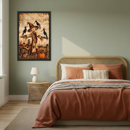 Harvest Scarecrow Canvas Wall Art framed above copper bedding against a muted olive wall.