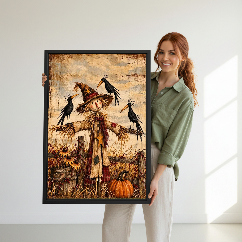 Harvest Scarecrow Canvas Wall Art held in a black frame by a woman wearing green.