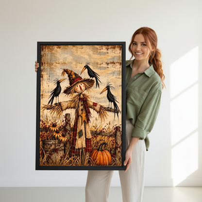 Harvest Scarecrow Canvas Wall Art held in a black frame by a woman wearing green.