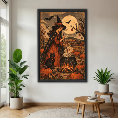 Witch Cauldron Canvas Wall Art framed above a wood table with green plants.