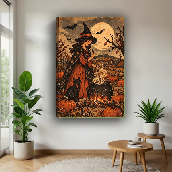 Witch Cauldron Canvas Wall Art unframed above a wood table with green plants.