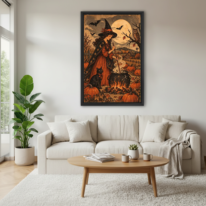Witch Cauldron Canvas Wall Art framed above a white sofa and round coffee table.