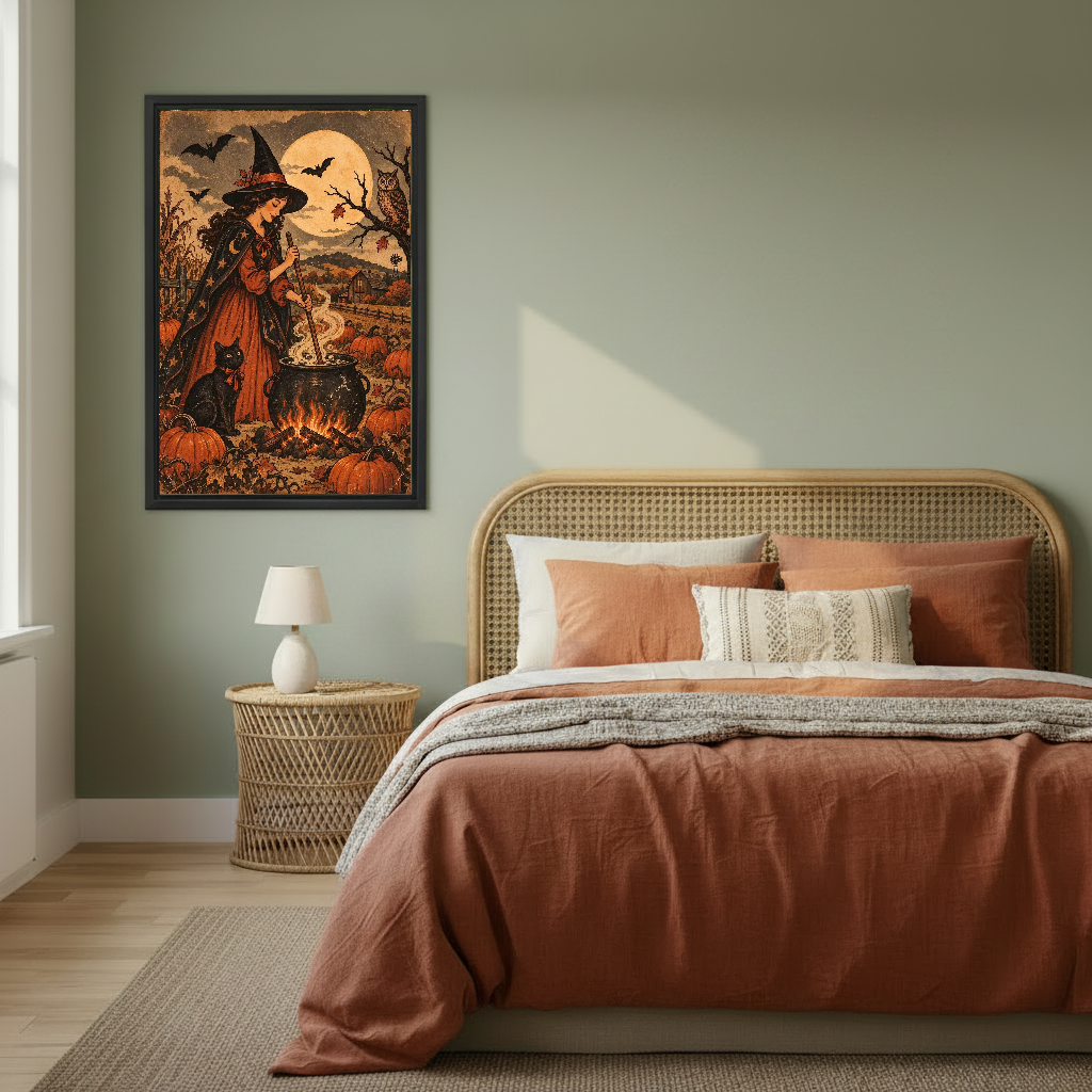 Witch Cauldron Canvas Wall Art framed above copper bedding against a muted olive wall.