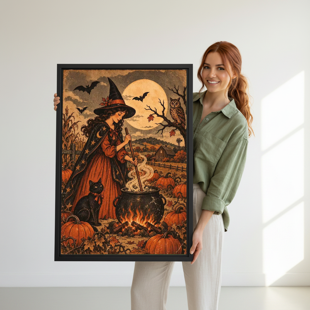 Witch Cauldron Canvas Wall Art held in a black frame by a woman wearing green.