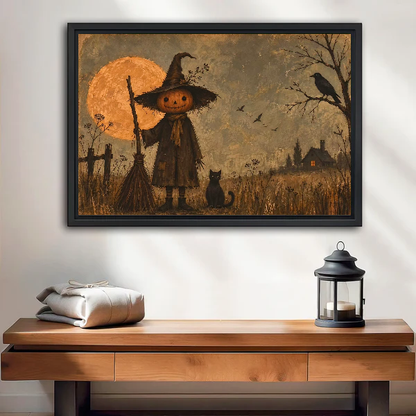 Pumpkin Witch Canvas Wall Art framed above a wood console with linen and a lantern.