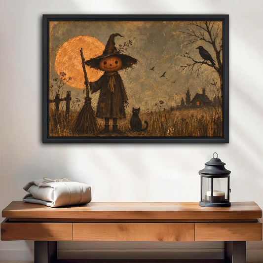 Pumpkin Witch Canvas Wall Art framed above a wood console with linen and a lantern.