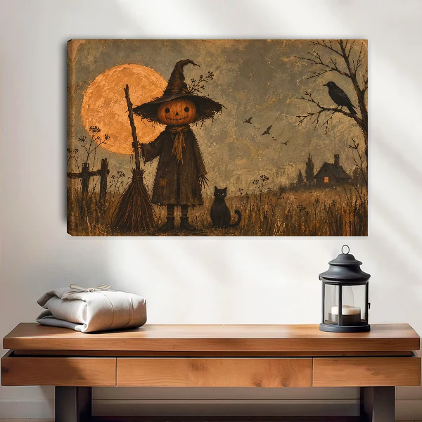 Pumpkin Witch Canvas Wall Art unframed above a wood console with linen and a lantern.