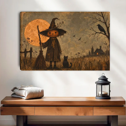 Pumpkin Witch Canvas Wall Art unframed above a wood console with linen and a lantern.