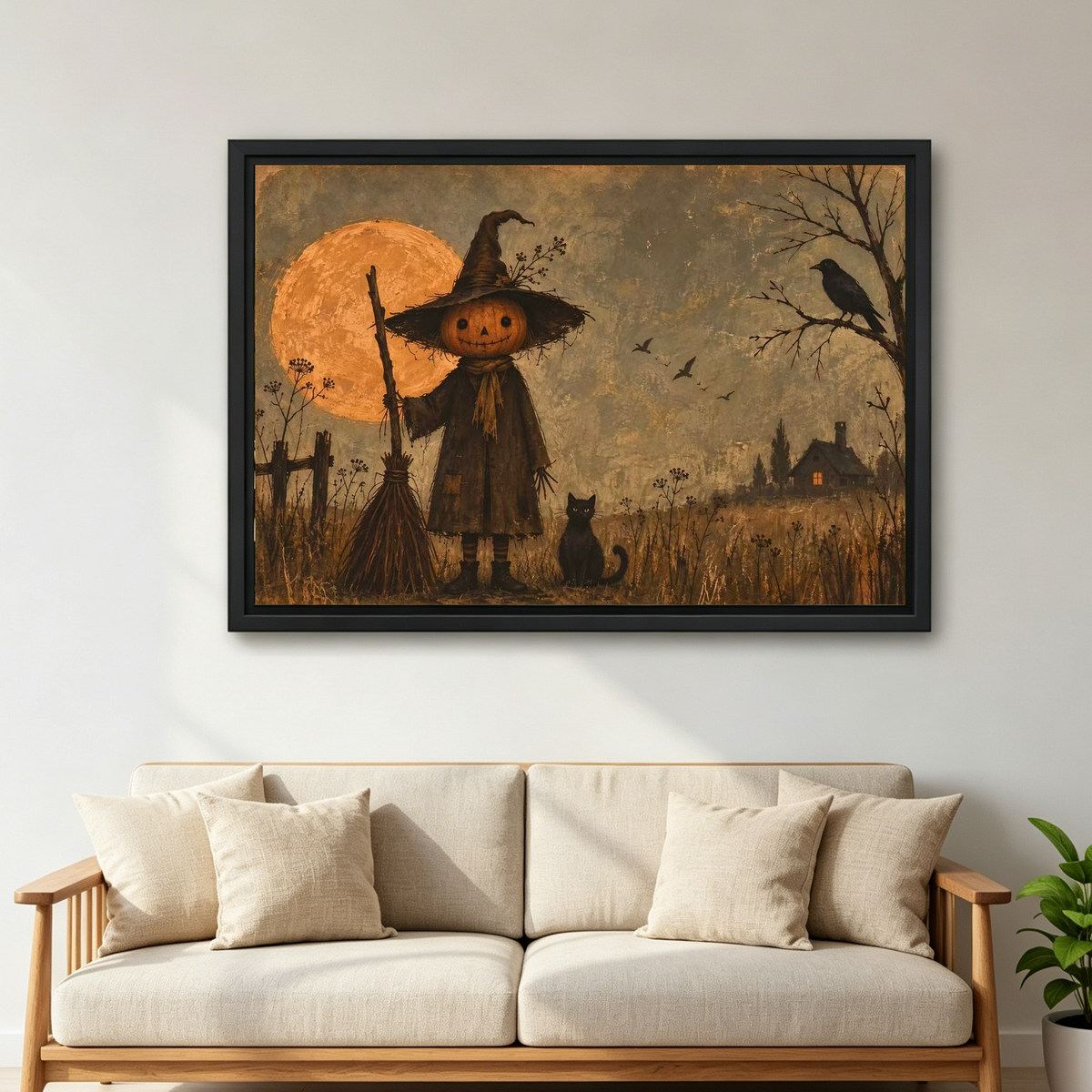 Pumpkin Witch Canvas Wall Art framed above a cream sofa with wooden arms.