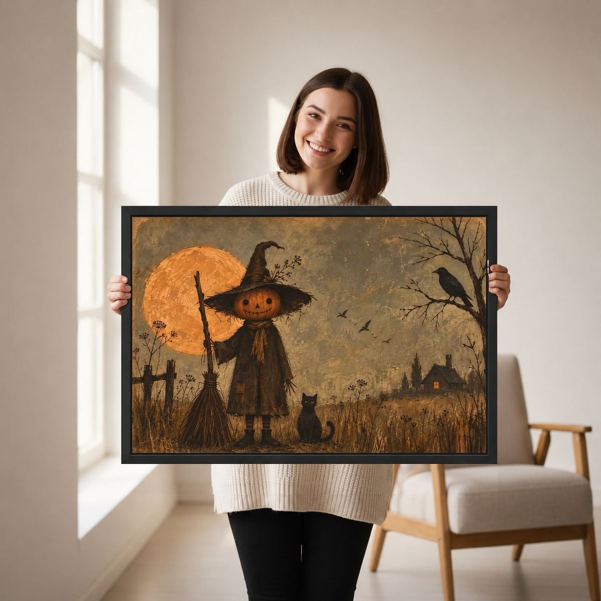 Pumpkin Witch Canvas Wall Art held in a black landscape frame by a standing woman.