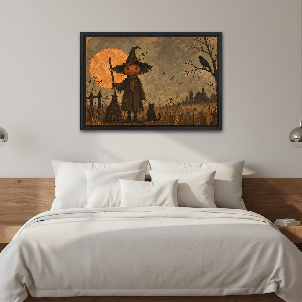 Pumpkin Witch Canvas Wall Art framed above white bedding and a warm wood headboard.