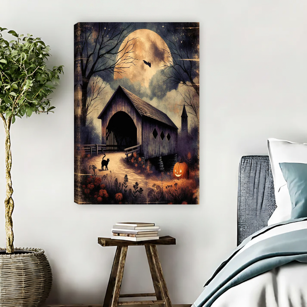 Moonlit Bridge Canvas Wall Art unframed beside blue bedding and a leafy plant.