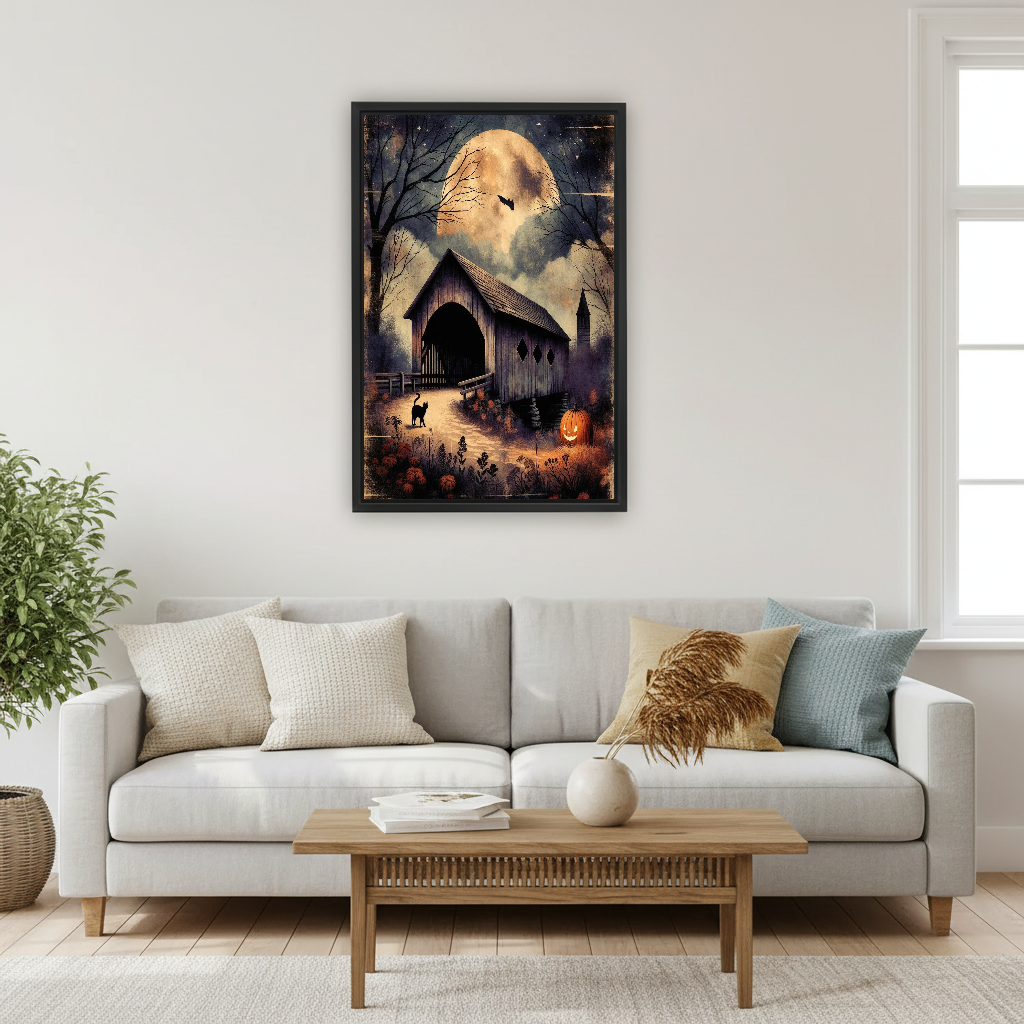 Moonlit Bridge Canvas Wall Art framed above a pale gray sofa and wood table.