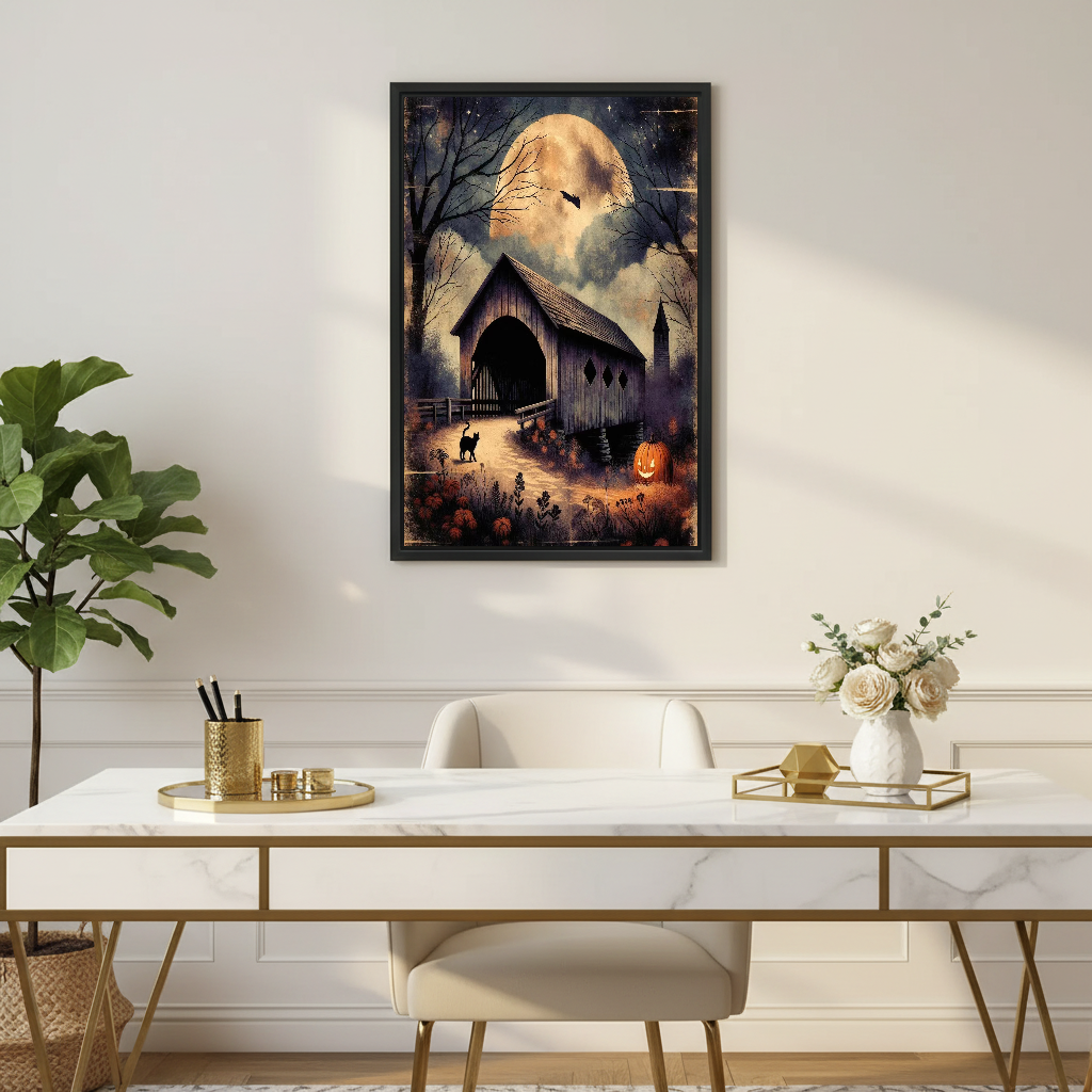 Moonlit Bridge Canvas Wall Art framed above a white desk with flowers and a chair.