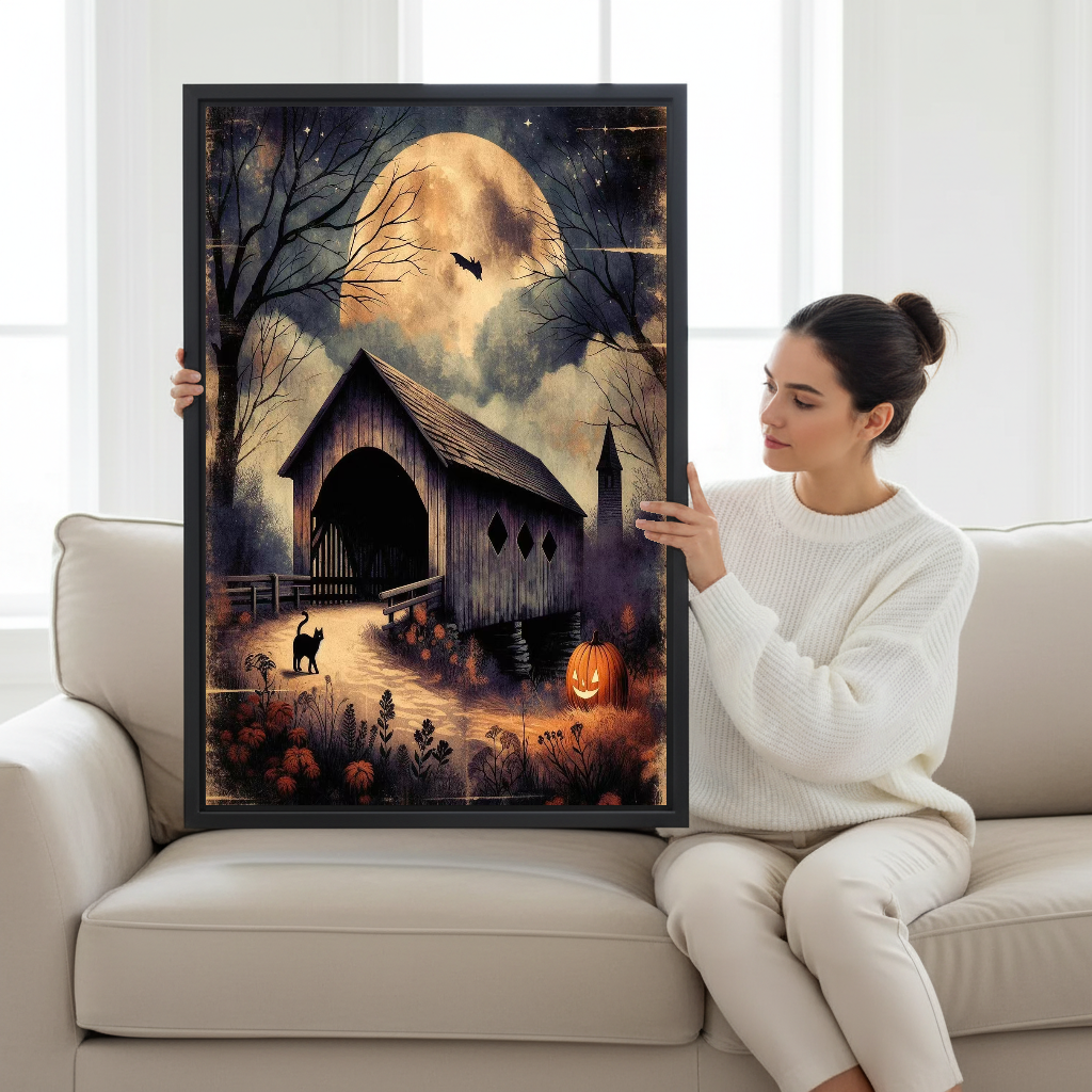 Moonlit Bridge Canvas Wall Art held by a seated woman on a pale sofa.
