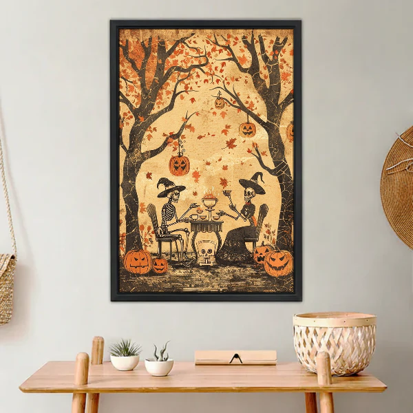 Skeleton Toast Canvas Wall Art framed above a light wood console with cacti.