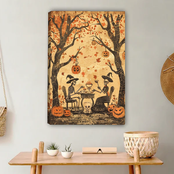 Skeleton Toast Canvas Wall Art unframed above a light wood console and woven basket.