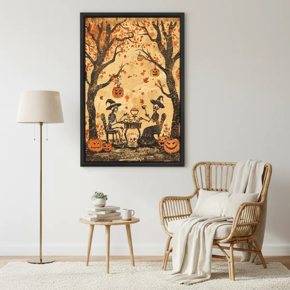 Skeleton Toast Canvas Wall Art framed beside a wicker armchair with floor lamp.