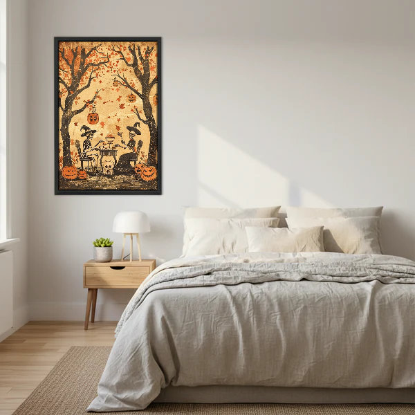 Skeleton Toast Canvas Wall Art framed above a cream bed with wooden nightstands.