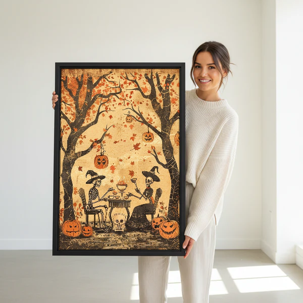 Skeleton Toast Canvas Wall Art held in a black frame by a standing woman in white.