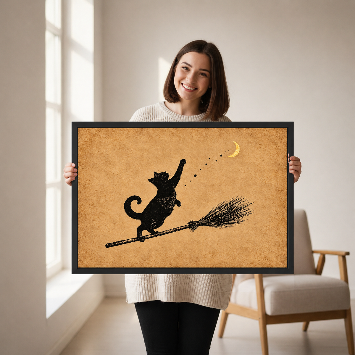 Moon Cat Canvas Wall Art held in a black landscape frame by a standing woman.