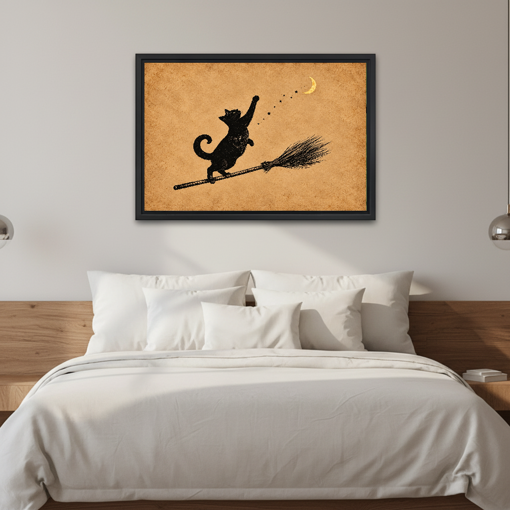 Moon Cat Canvas Wall Art framed above white bedding and a warm wood headboard.