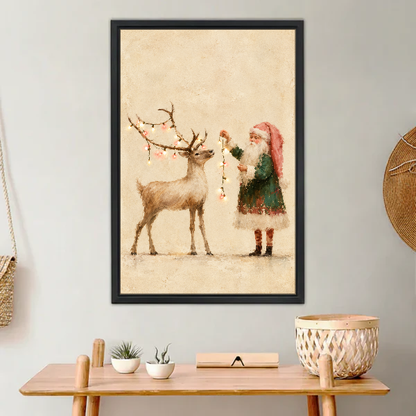 Santa Reindeer Canvas Wall Art framed above a light wood console with cacti.