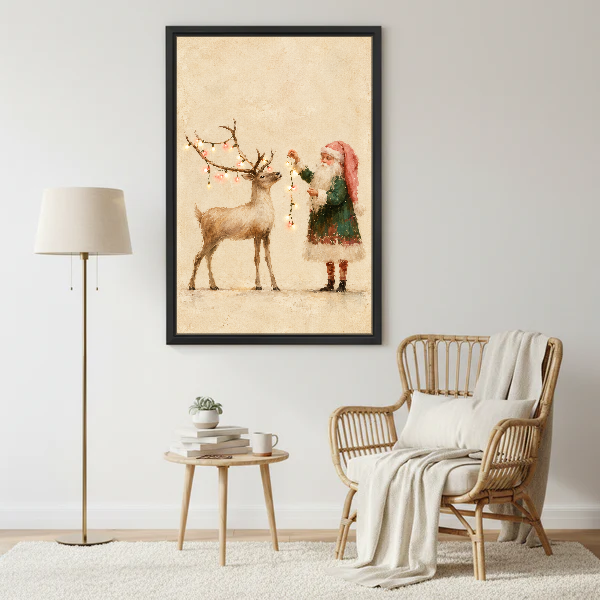 Santa Reindeer Canvas Wall Art framed beside a wicker armchair with floor lamp.