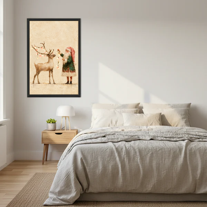Santa Reindeer Canvas Wall Art framed above a cream bed with wooden nightstands.