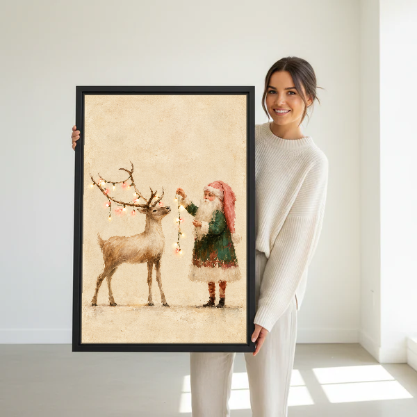 Santa Reindeer Canvas Wall Art held in a black frame by a standing woman in white.