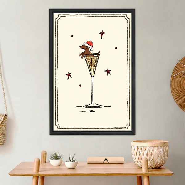 Festive Dachshund Champagne Canvas Wall Art framed above a light wood console with cacti.