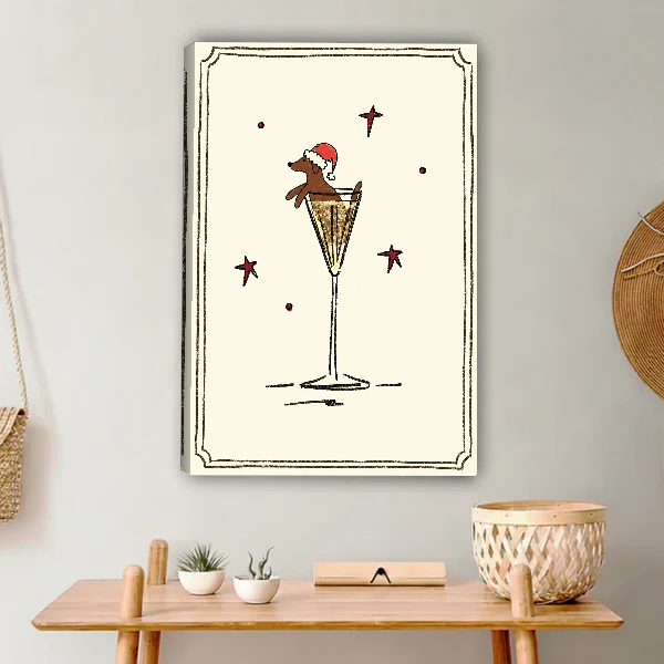 Festive Dachshund Champagne Canvas Wall Art unframed above a light wood console and woven basket.