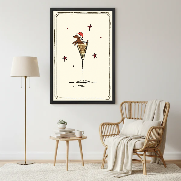 Festive Dachshund Champagne Canvas Wall Art framed beside a wicker armchair with floor lamp.