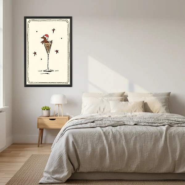 Festive Dachshund Champagne Canvas Wall Art framed above a cream bed with wooden nightstands.