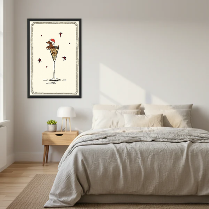 Festive Dachshund Champagne Canvas Wall Art framed above a cream bed with wooden nightstands.