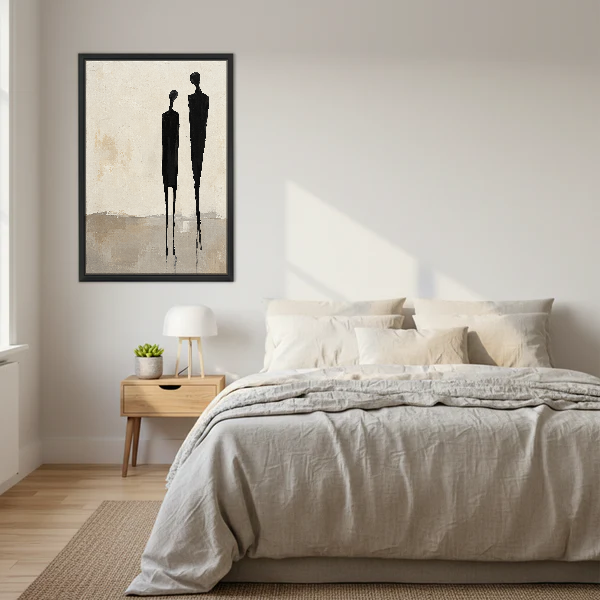 Minimalist Couple Canvas Wall Art framed above a cream bed with wooden nightstands.