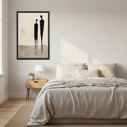 Minimalist Couple Canvas Wall Art framed above a cream bed with wooden nightstands.