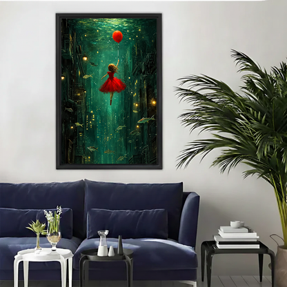 Red Balloon Girl Canvas Wall Art framed above a navy sofa beside a leafy palm.