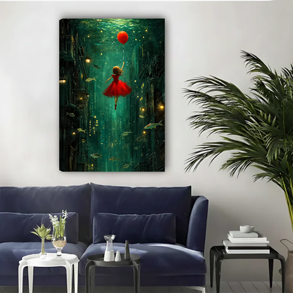 Red Balloon Girl Canvas Wall Art unframed above a navy sofa with light wall and palm.
